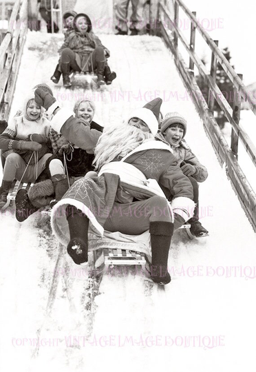 Fabulous 1950's Winter Scene Of Santa Claus Sledging Down A Hill With Happy Children Christmas Season Solstice Holiday 5x7 Greeting Card