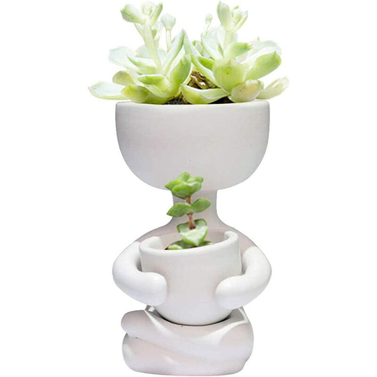 Humanoid Ceramic Flower Pot Creative Craft Ornament Succulent Pot Flower Arrangement Vase Birthday Gift (White)