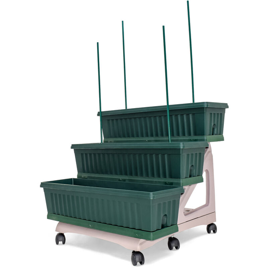 Orto Easy - Kit of 3 planters 80 cm with saucer and 3 levels trolley for compositions or vertical garden. Practical to move. Green color. Made in