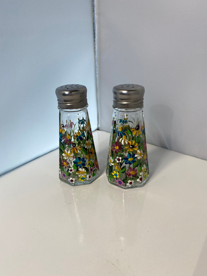 Salt & Pepper Shakers. Wildflower Hand Painted Hostess Or Housewarming Gift. Colorful Floral Vintage Handmade