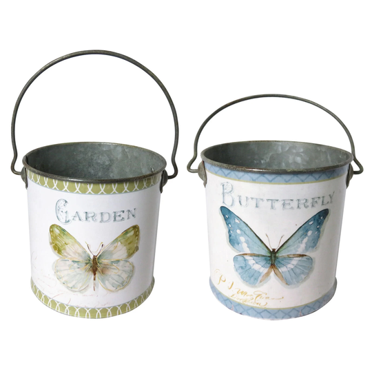 Set Of 2 Butterfly Design Metal Buckets With Handles, Suitable For Plants