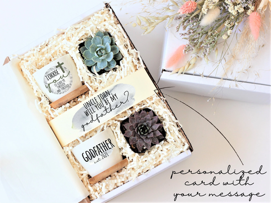 Unique Godfather Proposal Gift Box - Baptism Personalized Succulent Ready To Ship Padrino