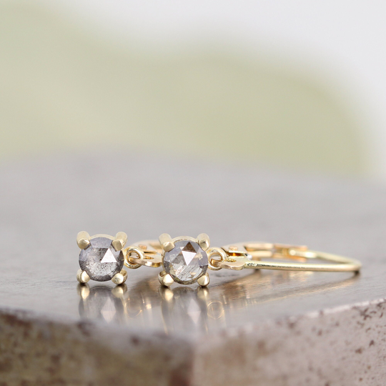 Light Salt & Pepper Rose Cut Diamonds in 14K Yellow Gold Lever Back Earrings - Modern Prong Setting Diamond Dangle -Ready To Ship