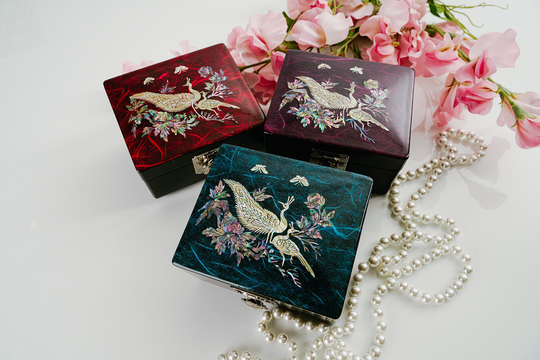 February Mountain Mother Of Pearl Mini Peacock Jewelry Box With Hinged Lid-Decorative Wooden Storage Trinket