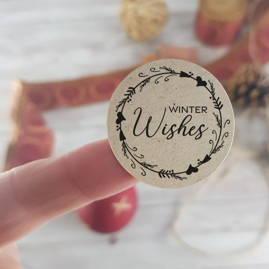 15 Recycled Winter Wishes Stickers, 35mm Round Labels, Wreath Design Eco-Friendly, For Seasonal Gift Bags, Sweet Cones, Envelopes