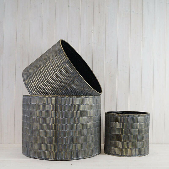 3 Set Large Grey Gold Ribbed Metal House Plant Flower Garden Pot Planter