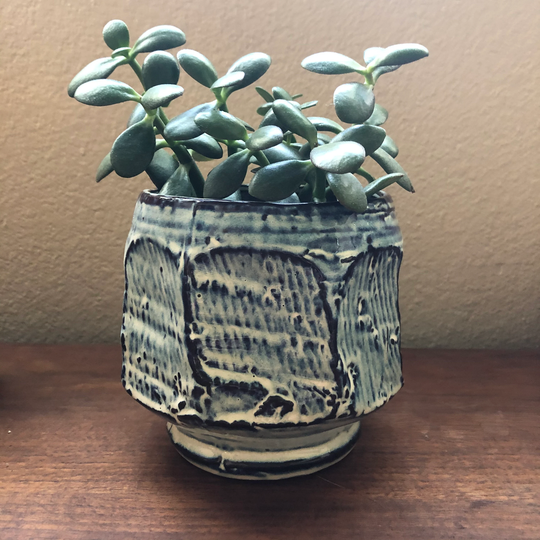 Blue & White Reactive Glaze Abstract Ceramic Pot 6"Dx 5 3/4