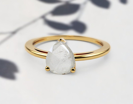 Natural Handmade 0.86 Carat White Stone Pear Shape Diamond, Salt & Pepper Ring in 14K White, Yellow & Rose Gold