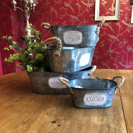 Fabulous Set Of 4 Metal Jardin Planters/Troughs With Rope Handles