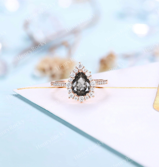 Vintage Salt & Pepper Diamond Engagement Ring | Pear Shaped Ring Rose Gold Wedding Half Eternity Art Deco Anniversary