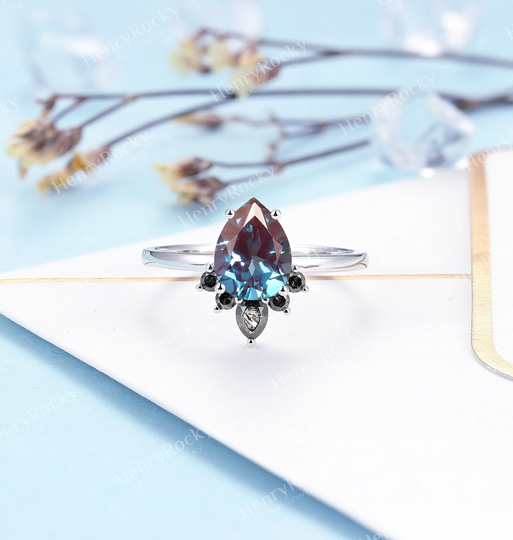 Vintage Alexandrite Engagement Ring | Antique Pear Shaped White Gold Art Deco Salt & Pepper Diamond Anniversary Promise Ring