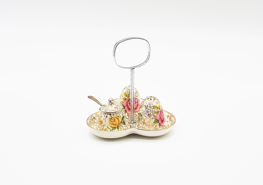 Midwinter Chintz Cruet Set, Vintage Staffordshire England Pottery, Salt Pepper Mustard, Pink & Yellow Roses, Gold Flowers, Spoon