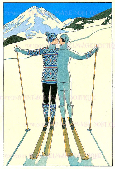 Antique 1920's Art Deco Couple On Skis Winter Scene Christmas Season Solstice Holiday 5x7 Greeting Card