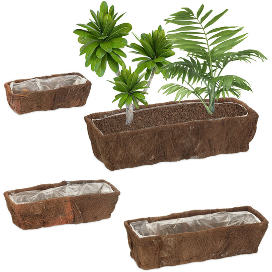 Relaxdays - Set of 4 Flowerpots, Coconut Fibre, Square, 4 Sizes, Garden, Balcony & Windowsill, Planter with Foil, Natural