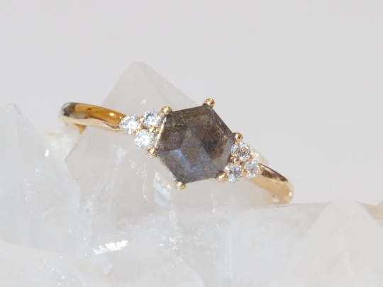 Geometric Salt & Pepper Diamond Engagement Ring, Unique Hexagon Grey Galaxy Ring - Savia