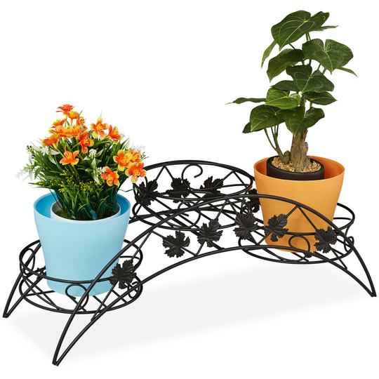 Relaxdays - Plant Stand, Flower Rack with 3 Shelves, Indoors, Outdoors, h x w x d: 21 x 55 x 19 cm, Metal, Black