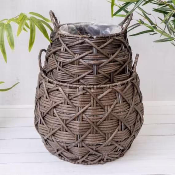 Woven Rattan Wicker Effect Round Lined Decorative Basket Flower Planters Handles