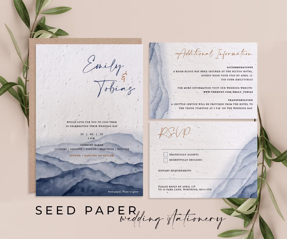 Mountain Invitation, Wedding Seed Card, Plantable Cards, Personalized Wedding Invitation Cards With Kraft Envelope | C5, Biodegradable