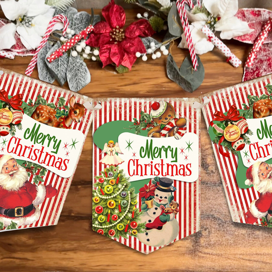 Retro Santa Christmas Bunting - Snowmen Candy Canes Seasons Greetings Banner Garland Holiday Decoration Xmas