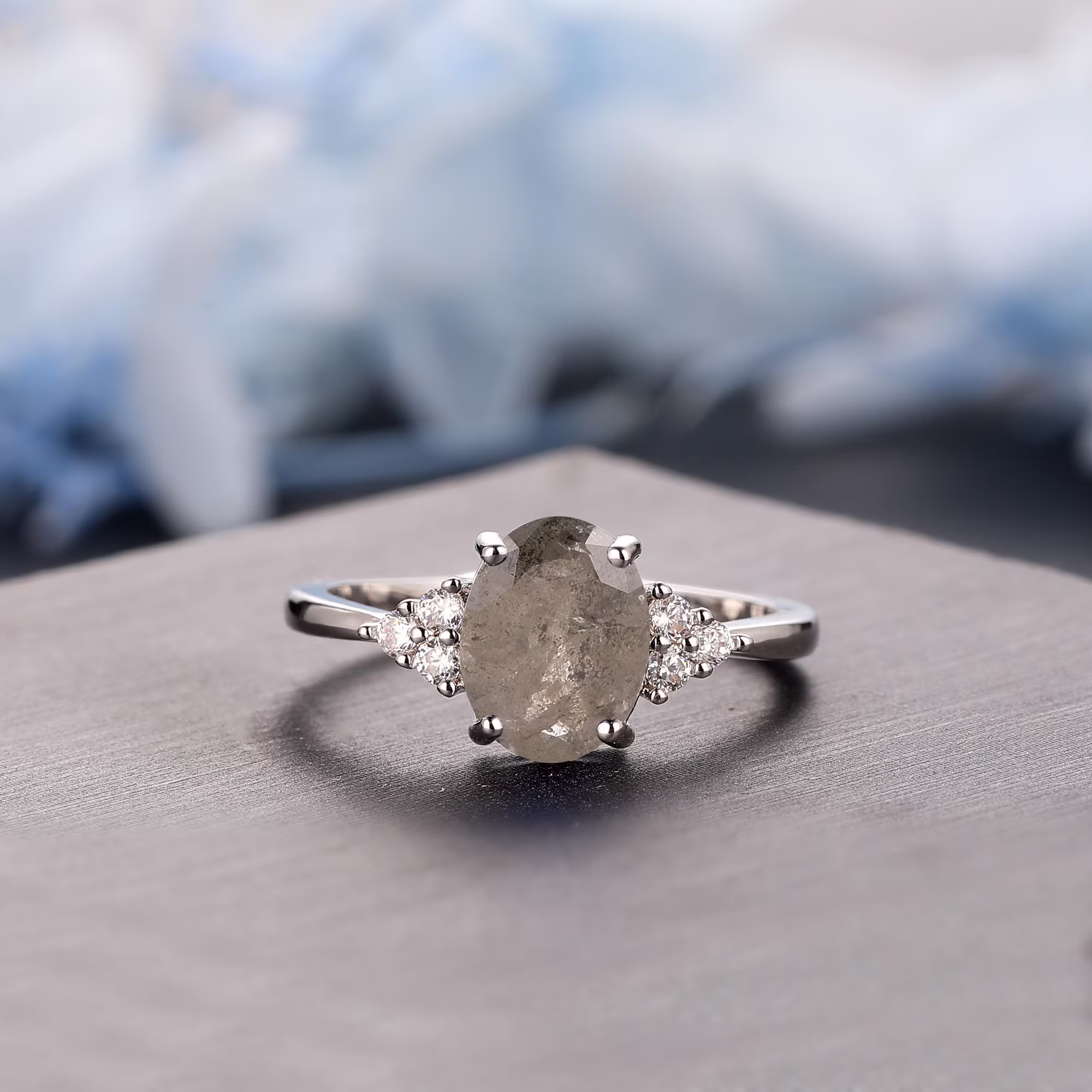 Natural Diamond Ring, Gemstone Proposal Vintage 5x7mm Oval Salt & Pepper Engagement Ring, Black Promise Wedding Ring