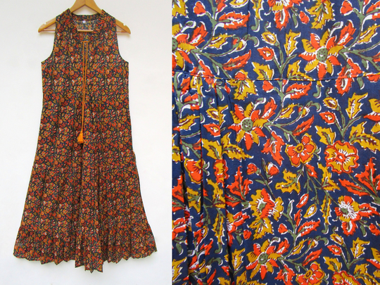 Autumn Season Theme Floral Printed Ruffle Maxi Dress - Sleeve Less Summer Wear Long Henley Neckline With Tassel