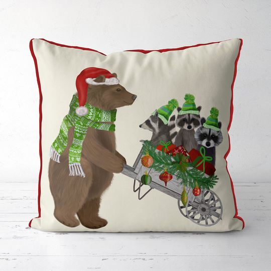 Christmas Pillow Cover, Brown Bear With Racoon Friends in Wheelbarrow, Festive Cushion For Xmas Decorating, Holiday Season Gift Buying