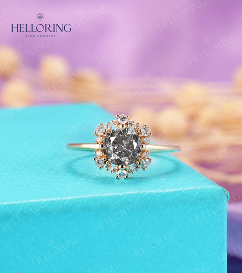 Salt & Pepper Diamond Engagement Ring Flower Wedding Vintage Art Deco Solid Gold Bridal Anniversary Promise
