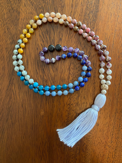 Rainbow Mala Tassel Necklace Lotus Seed Eudialyte Rhodonite Sunstone Quartz Jasper Apatite Aventurine Lapis Lazuli Amethyst Obsidian
