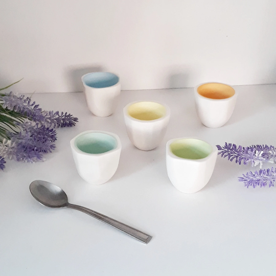 Set Of 5 Colourful Porcelain Bowls - Tiny Faceted Pots Dual-Colour Parian Semi-Porcelain Ceramic Pots