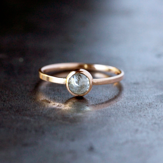 Icy Rose Cut Diamond Ring, Solid 14K Or Yellow Gold Band, Salt & Pepper Diamond, Low Profile Engagement Ring