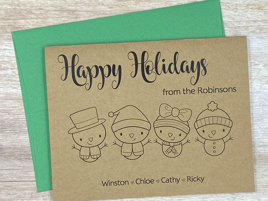 Personalized Christmas Card | Family Holiday Snow People Characters Set Of 10 A2 Size