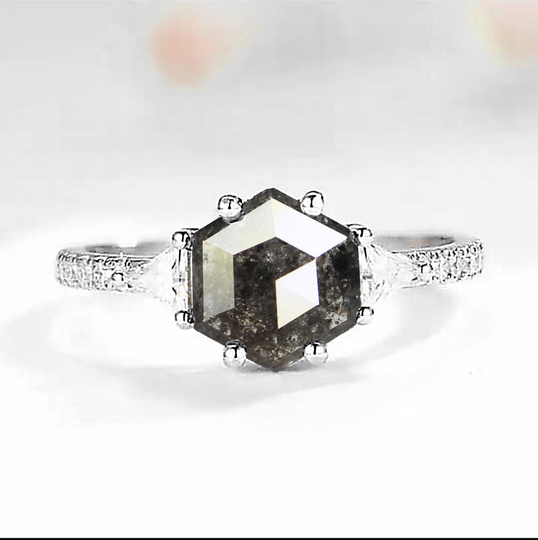 Hexagon Salt & Pepper Diamond Trilliant Cluster Ring | Bridal Promise Grey Dainty Wedding Engagement