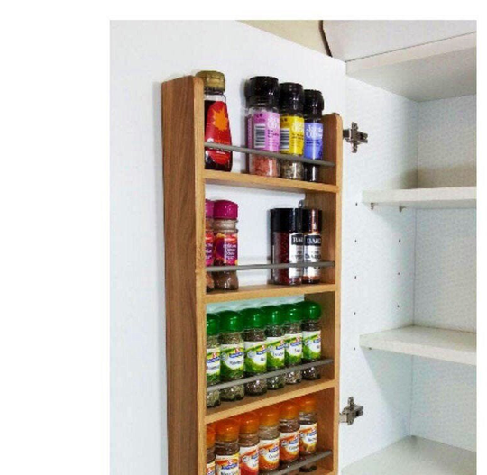 Solid Oak Spice Rack 5 Shelves For Kitchen Door Or Cupboard Hanging Storage Of Herbs Spices Jars Bottles Packets With Open Shelf