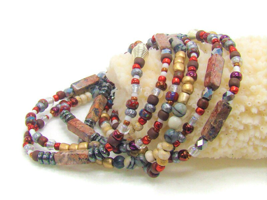 Red Seed Bead, Stretch Necklace/Wrap Bracelet/ Anklet With Black Water Jasper & Leopard Skin Beads