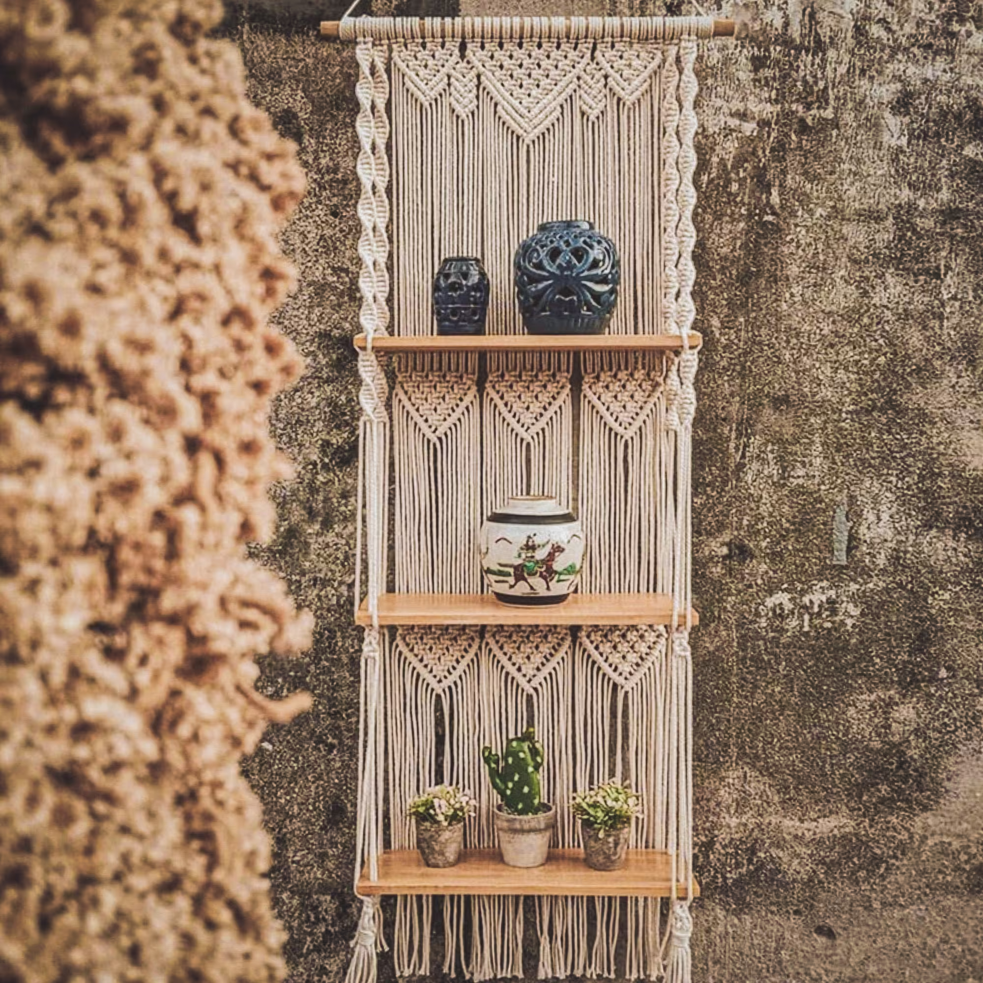 Macrame Tiered Plant Stand-Indoor Mordern Stand Tier-Wood Floating Shelves-Plant Hanging Wall Shelves-3 Tiers Plant Holder