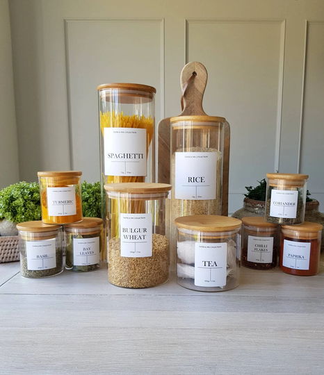 Eco Friendly Personalised Bamboo Storage Glass Jar | Waterproof Label Kitchen Pantry Food Spices Herbs