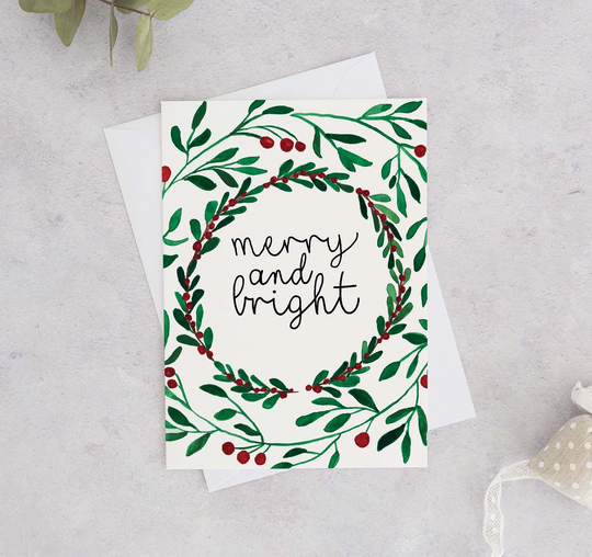 Watercolour Christmas Wreath Card, Merry & Bright Handmade Cards, Holiday Seasonal Card