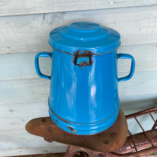 Small Enamel Blue Pot, Vintage From Europe