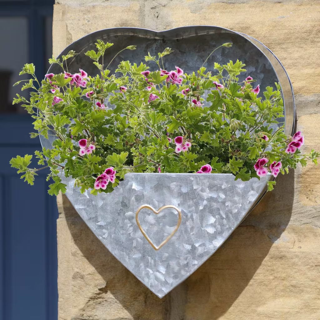 Wall Mounted Flower Pot Hand Crafted Modern Contemporary Recycled Metal Industrial Zinc Trailing Plant Ivy Heart Shaped Basket Planter