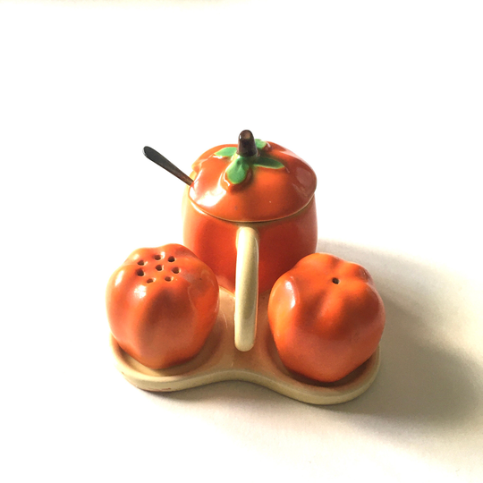 Vintage Retro Orange Peppers Salt Pepper Mustard Pot Cruet Set 60's