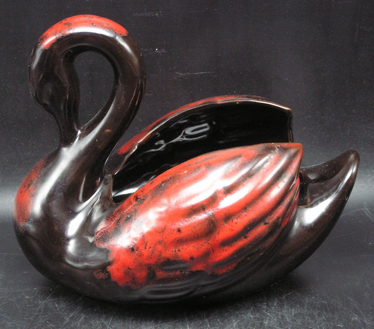 Vintage Royal Canadian Art Pottery Swan Planter, Red/Brown, Foil Label, 7