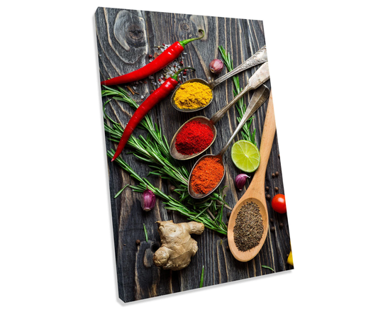 Herbs Kitchen Spoons Chilli Spices Canvas Art Print Box Framed Picture Home Office Decor