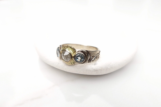 Custom 14K Solid White Gold Crescent Moon & Mountain Carved Engagement Ring. Yellow Sun Design Wedding Band. Salt Pepper Diamond