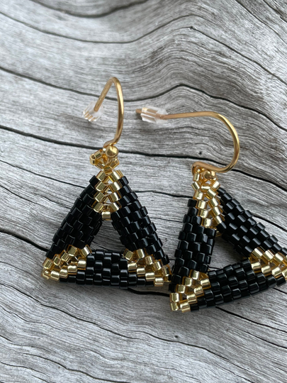 Seed Bead Boho Handmade Beaded Earrings Triangle Woven Black & Gold