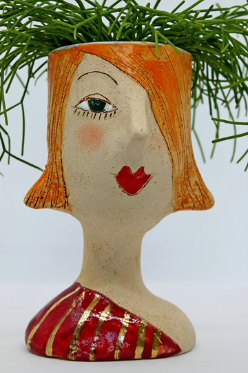 Lady in Red Face Planter Pot, Unique Head Shaped Ceramic Female Planter, Lady Vase For Brushes