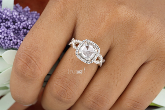 Antique 2.26 Ct Salt & Pepper Diamond Engagement Ring - Cushion Cut Halo Moissanite Unique Solid Gold Crossover Infinity Promise