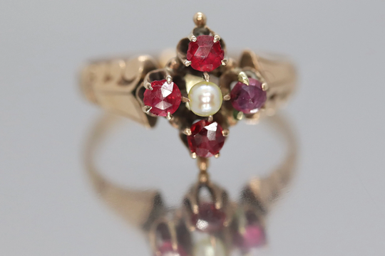 Victorian Garnet & Pearl Seed Ring. 10K Rose Gold