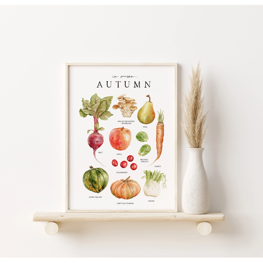 In Season Autumn | Local Seasonal Produce Chart Fall Wall Art Food Watercolor Print Montessori Homeschool Nature