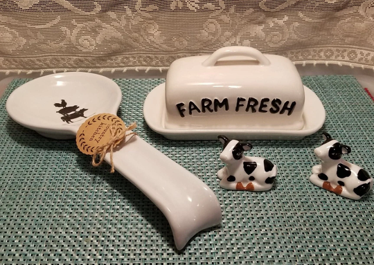 White Ceramic Embossed Butter Dish | Words Farm Fresh Spoon Rest, Cow Shaped Salt & Pepper Shaker Set Or Only
