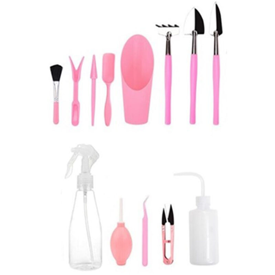 13PCS Garden Hand Tools Bonsai Succulent Planting Tool Set Mini Garden Planting Care Tools Leaf Trimmer Rake Shovels Watering Bottle Pink
